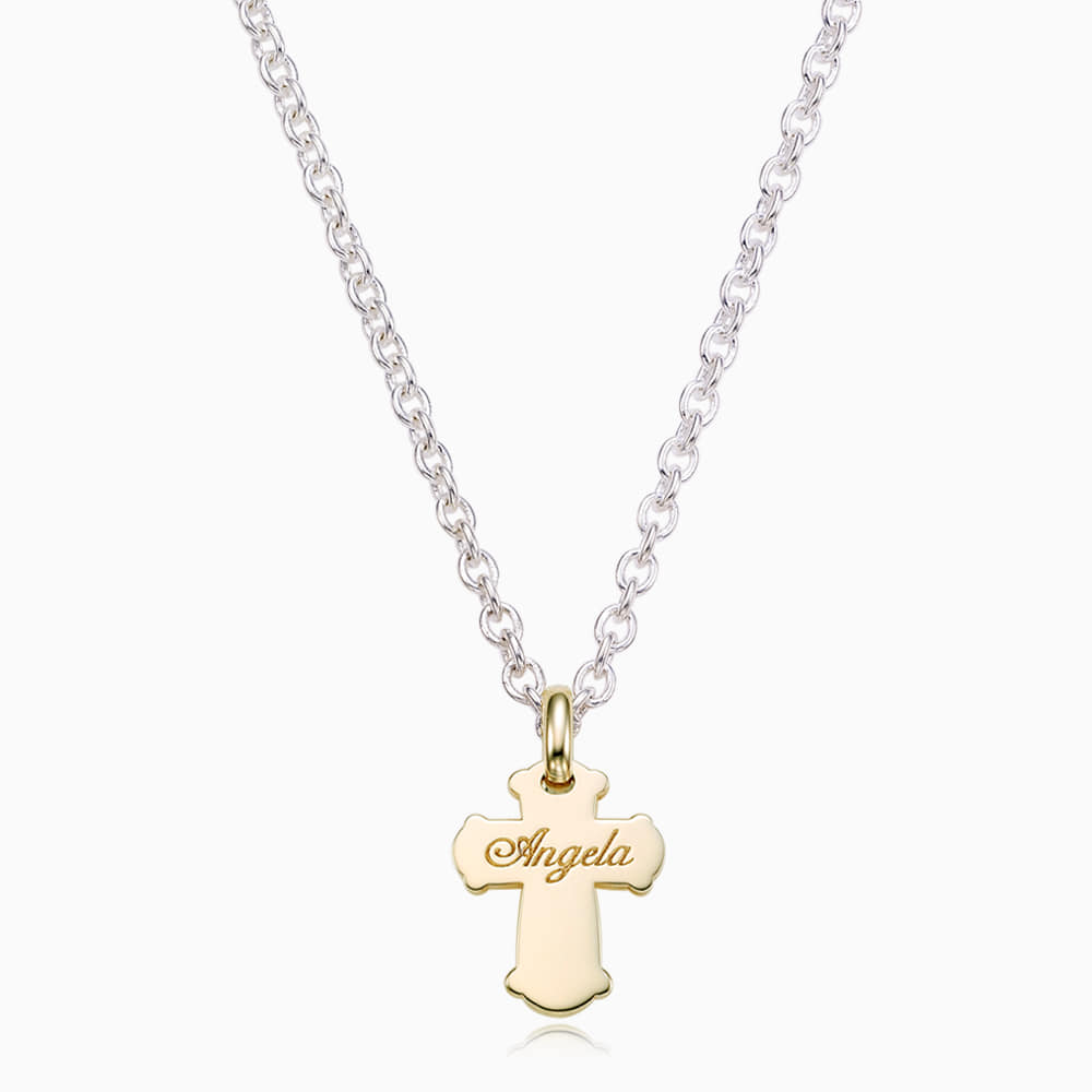 [For Kids] 5K Gold Cross &amp; Silver Chain Engraved Necklace-Baptism Gift