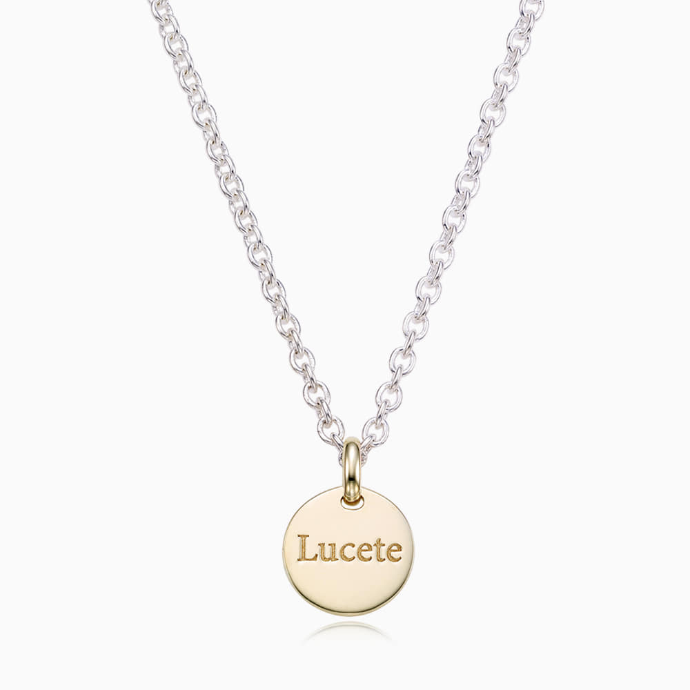 5K gold Circle pendant and silver chain engraved necklace