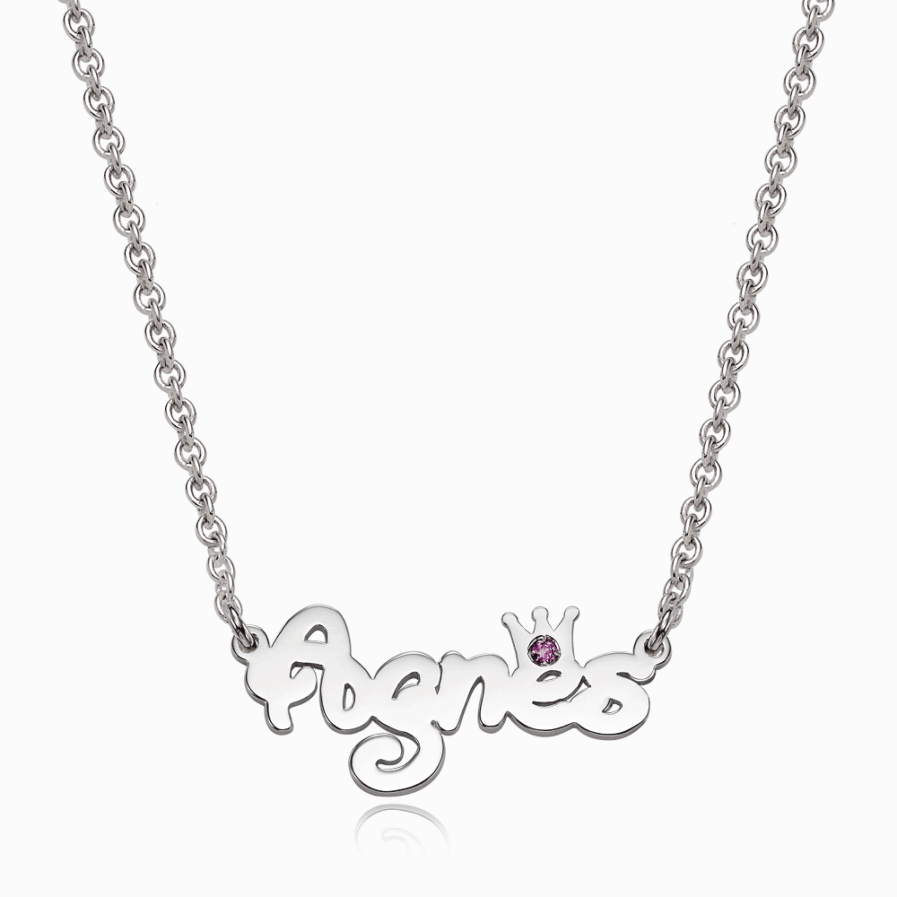 Silver Flora Crown Birthstone  Name Necklace