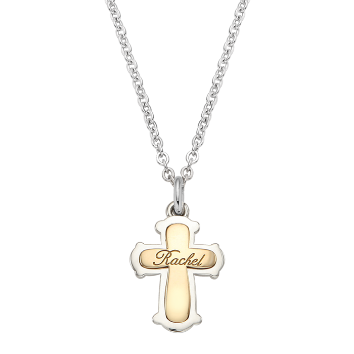 Sterling Silver Classic Cross 5K Gold Combination Necklace [ Baptismal Gifts / Personalized Baptismal Name Engraving ]
