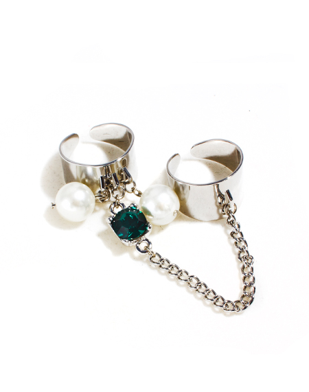 crystal pearl double chain ring_silver