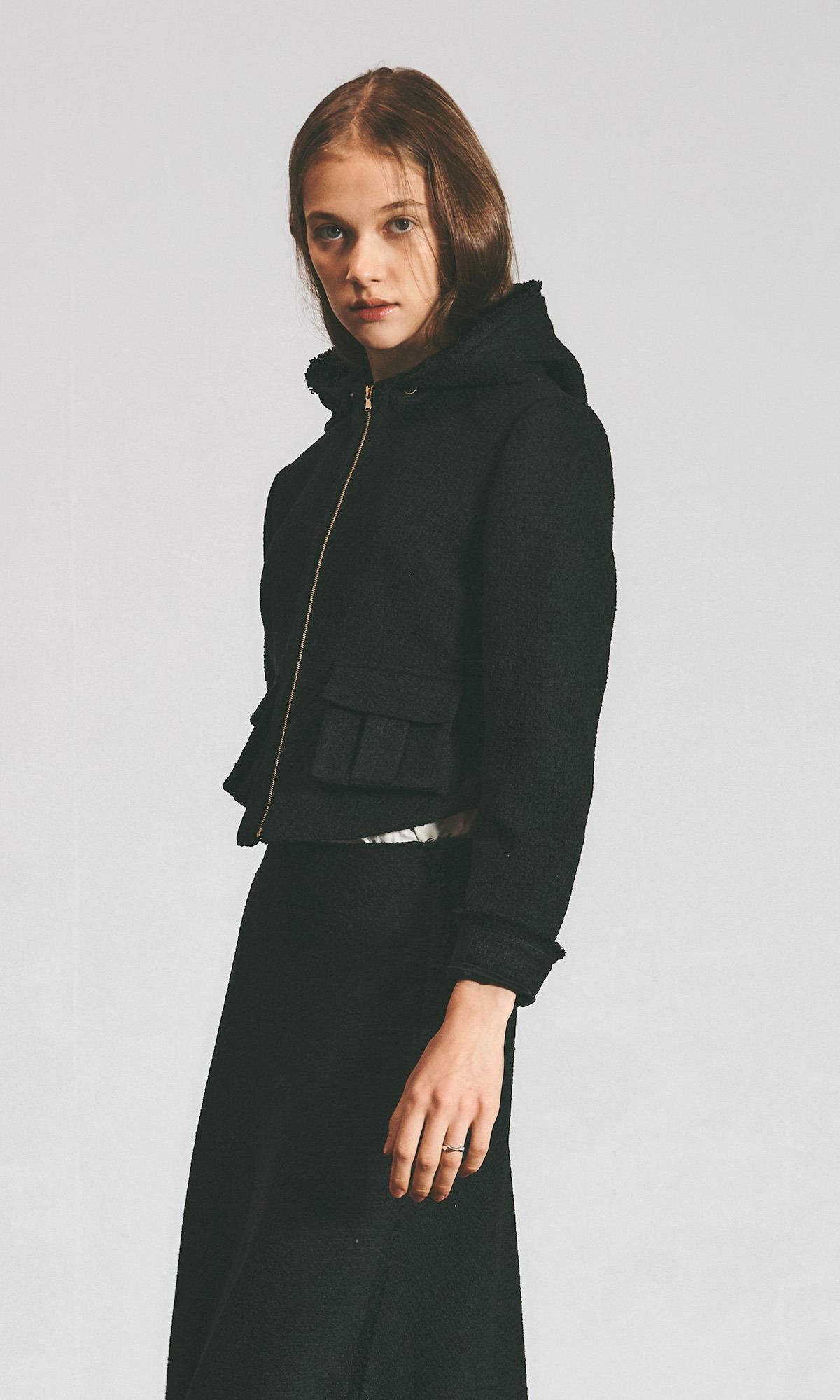 Belleza Tweed Hooded Jacket _Black Solid