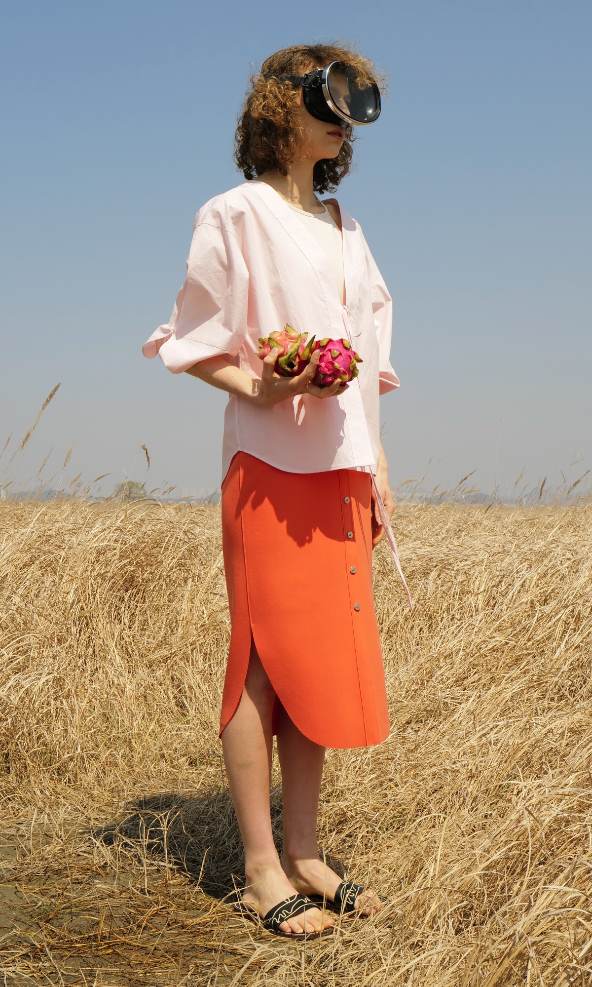 Ellery Button Skirt_Vivid Orange