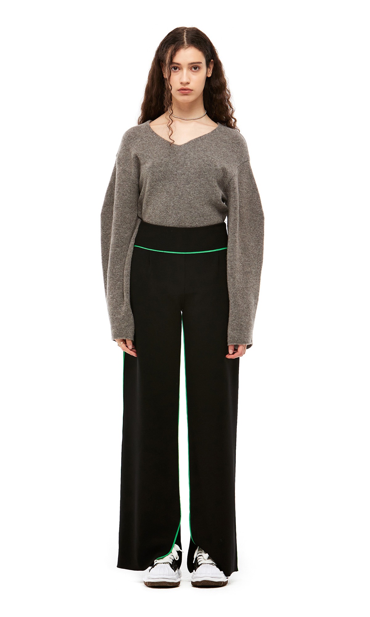 Mella Piping Wide Straight Trouser_Black+Hockney Green