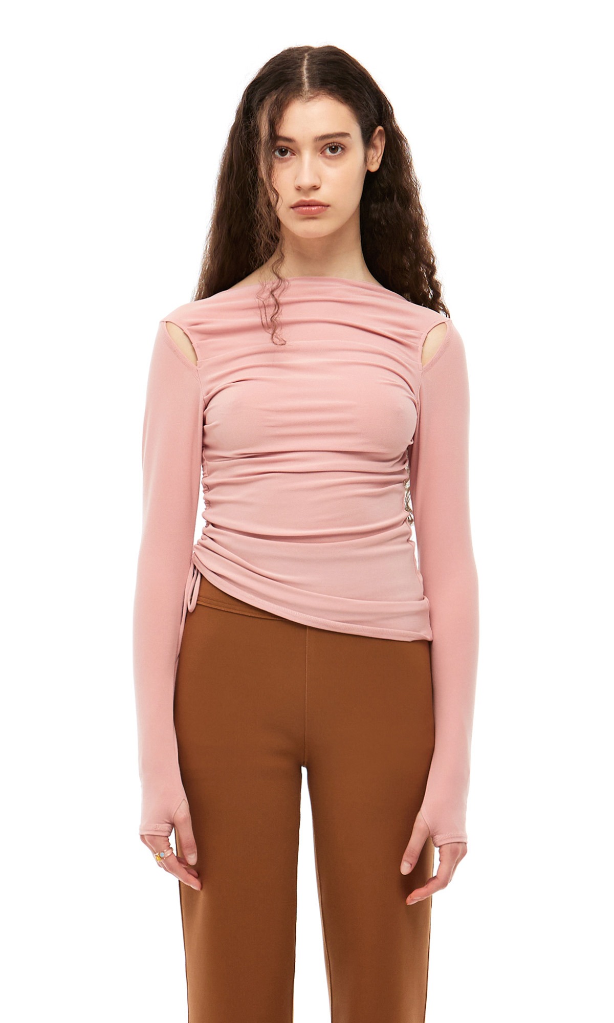 Esther Cut Out Shirring Top_Peach Pink