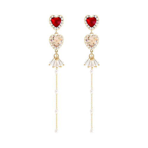 Ruby Red Double Heart Long Drop Earrings/루비 레드 더블 하트 롱 드롭 귀걸이