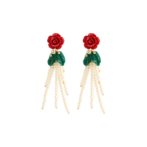 Red Rose With Pearl Stem Drop Earrings/레드 로즈 위드 펄 스템 드롭 귀걸이