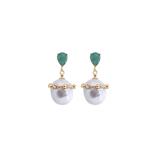 Green Gemstone Baroque Pearl Drop Earrings/그린 젬스톤 바로크 펄 드롭 귀걸이
