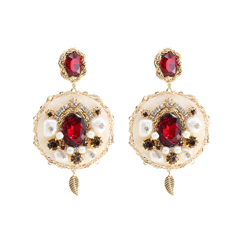 Byzantine Feeling Red Crystal &amp; Pearl Earrings