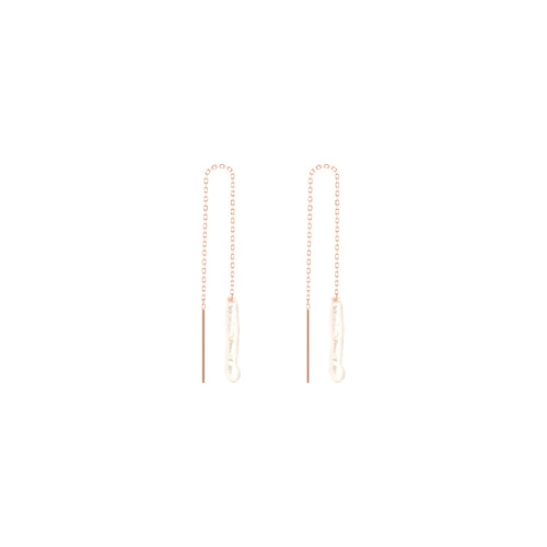[92.5 Silver] Fresh-Water Pearl &amp; Rosegold Long Chain Earrings