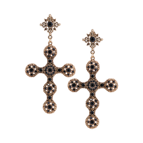 Black Crystal Cross Earrings/블랙 크리스탈 크로스 귀걸이