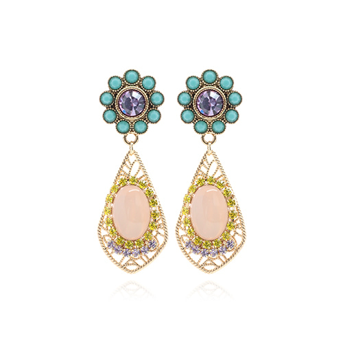 Turquoise Color Flower Pink Drop Earrings/터콰이즈 컬러 플라워 핑크 드롭 귀걸이