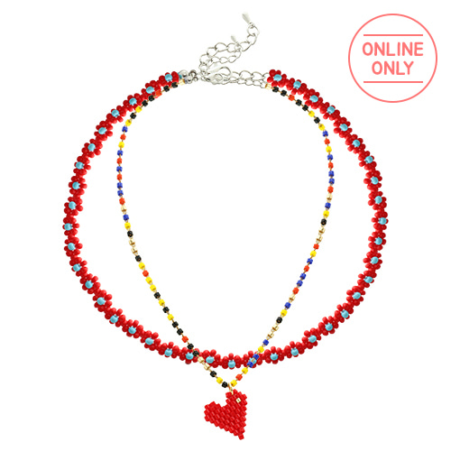 Red Beads Flower Layered Necklace/레드 비즈 플라워 레이어드 목걸이