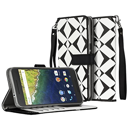 SOJITEK Google Nexus 6P Huawei Premium White Diamond on Black Series Color PU Leather Wallet Case wi