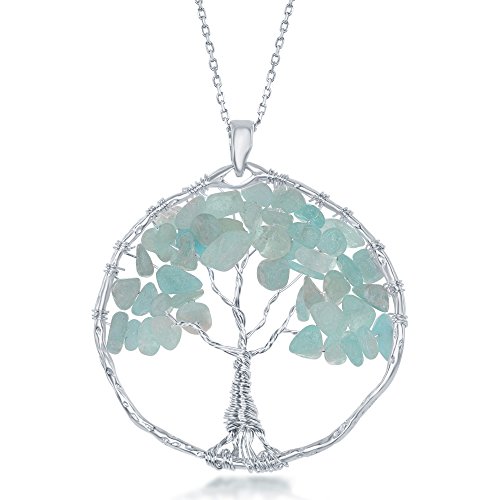 Sterling Silver Aquamarine Natural Quartz Gemstone Beads Tree of Life 30&amp;quot; Pendant Necklace
