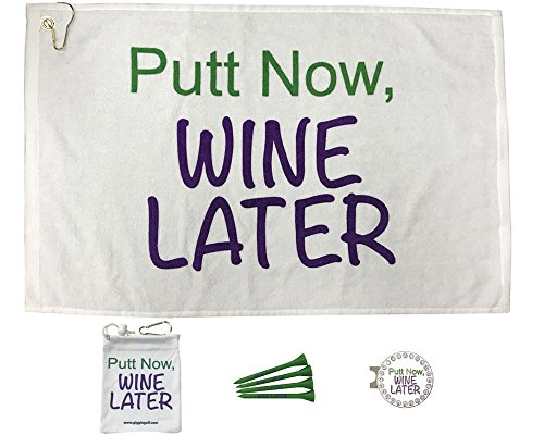 Giggle Golf Par 3 - Putt Now Wine Later Towel  Tee Bag And Bling Ball Marker With Hat Clip – Perfect