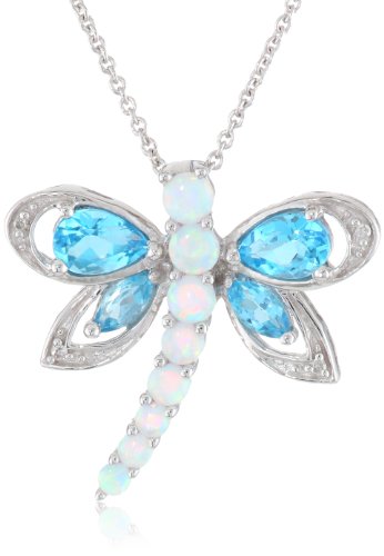 Sterling Silver Multi-Gems and Genuine White Diamonds Dragonfly Pendant Necklace  18&amp;quot;