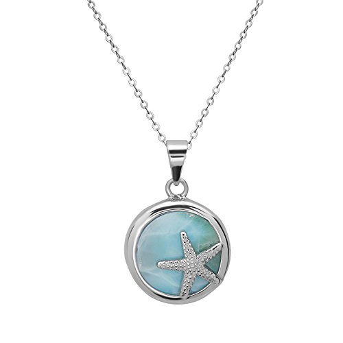 Sterling Silver Natural Larimar Starfish Circle Pendant with 18&amp;quot; Chain
