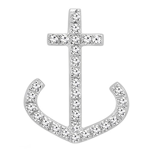 0.10 Carat (ctw) 14K White Gold Round Diamond Ladies Anchor Pendant 1/10 CT (Silver Chain Included)