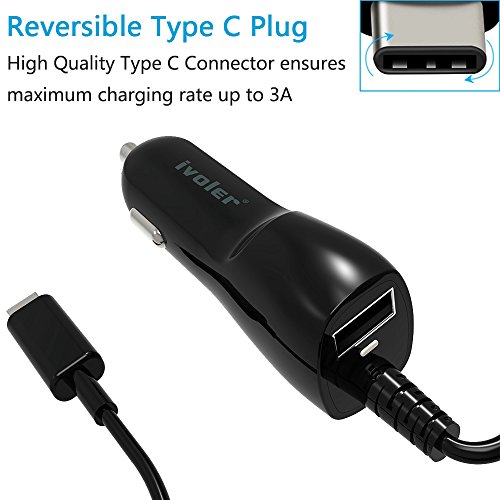Type C Car Charger  iVoler 5.4A 2-Port USB Port Adapter with USB-C Coiled Cable for Nexus 6P/5X  LG