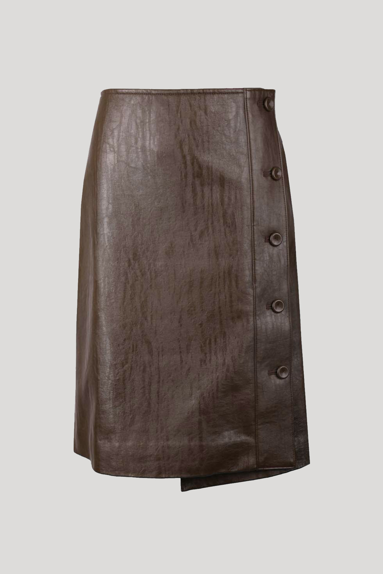 HIGH QUALITY LINE - FAUX LEATHER SIDE-BUTTON SKIRT (BROWN)