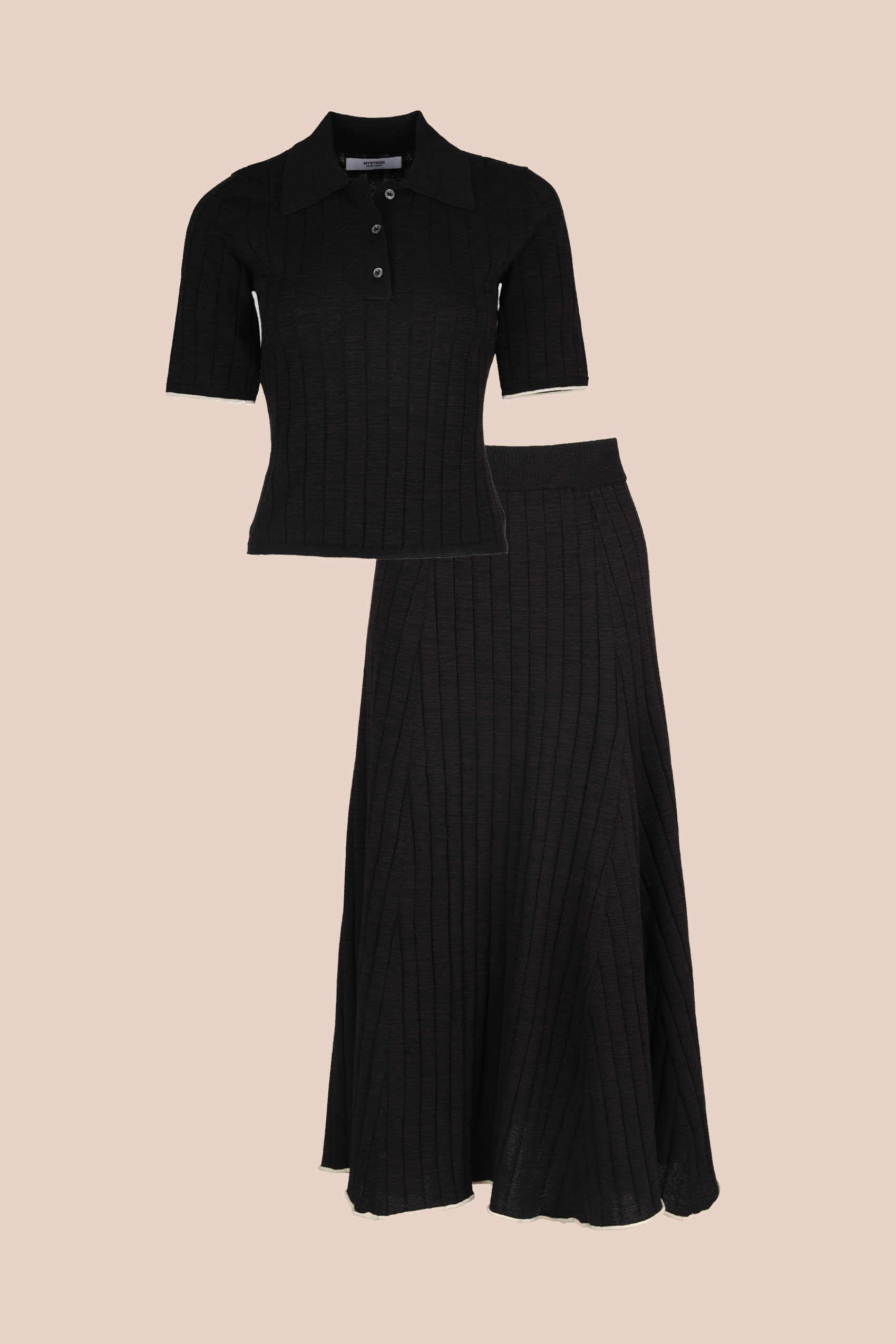 CLASSIC LINE - Ribbed Cotton-blend Knit shirts &amp; Skirt Set (BLACK)