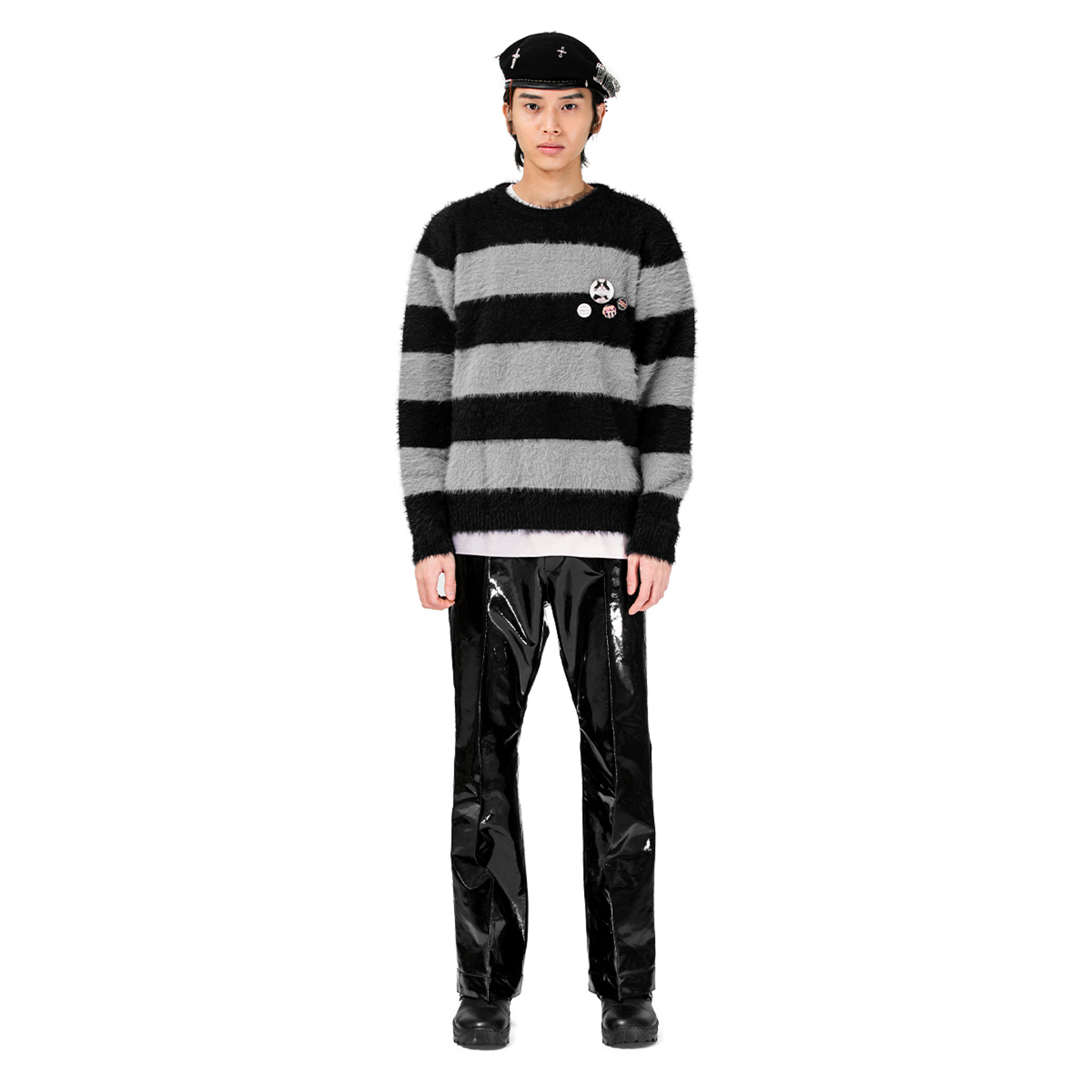 Fluffy Striped Mohair Knit (Black/Charcoal)