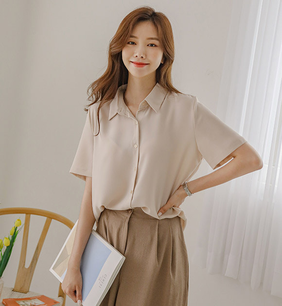 韓國簡約純色圓弧襬短袖襯衫