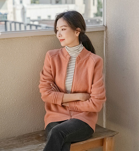 韓國拉克蘭袖單色拉鍊針織外套