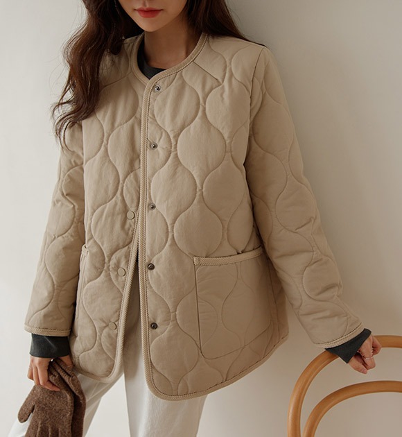 韓國波紋絎縫雙口袋鋪棉外套