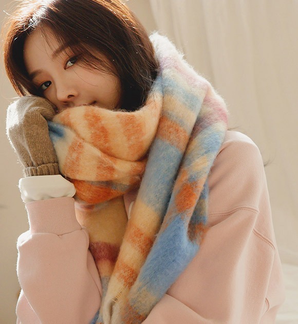 韓國清新大格紋流蘇裝飾圍巾