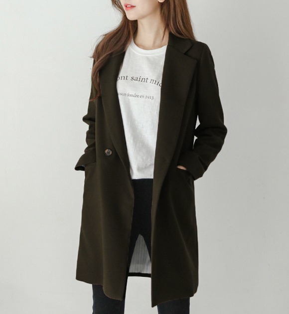 韓國雙釦嵌線口袋長版西裝外套