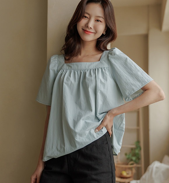 韓國法式方形領短袖雪紡衫
