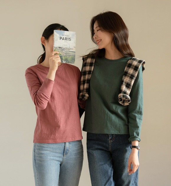 韓國[1+1]圓領棉質長袖T恤