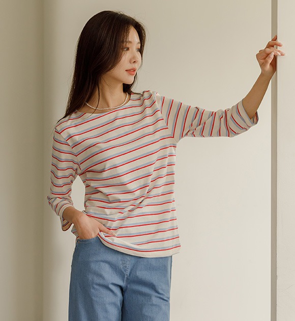 韓國條紋七分袖棉質T恤
