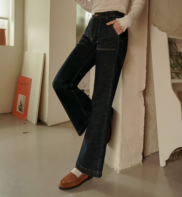 韓國縫線口袋深色牛仔褲