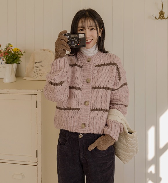韓國寬鬆條紋針織外套