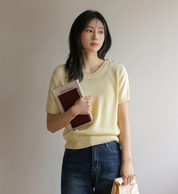 韓國肩膀愛心裝飾短袖針織上衣