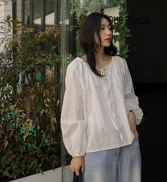 韓國清新立體樹紋刺繡襯衫