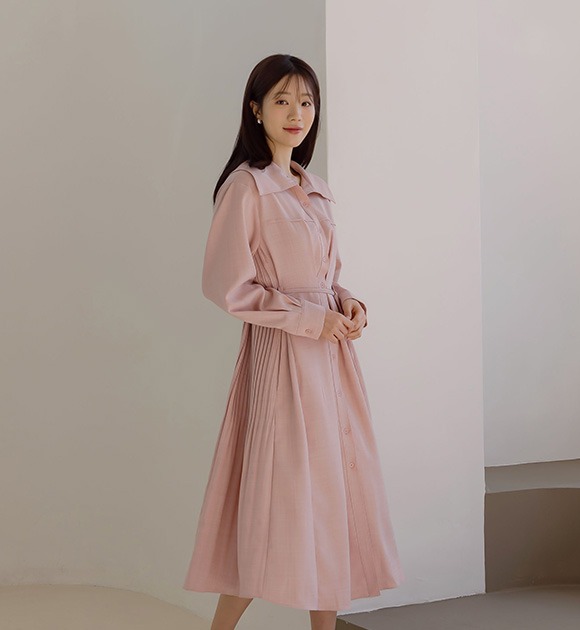 韓國優雅側百褶長洋裝