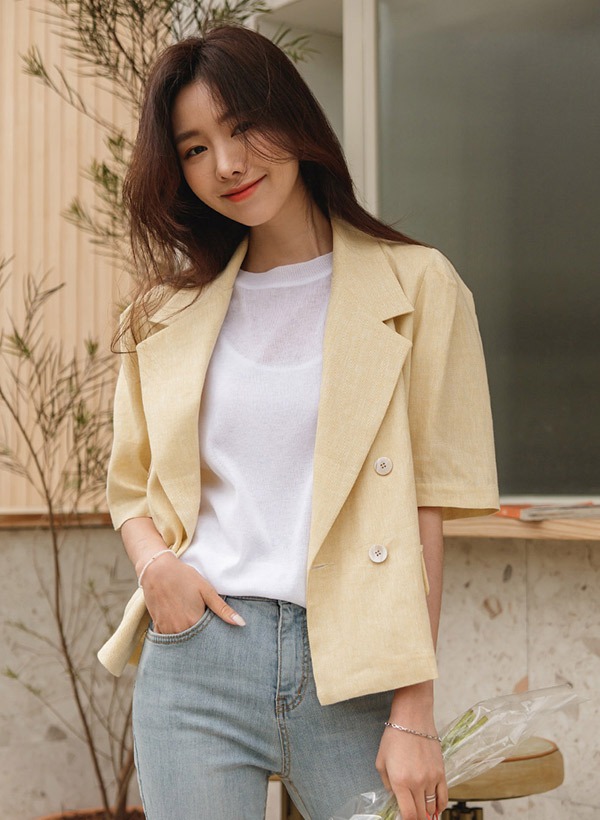 韓國混亞麻抓褶短袖西裝外套