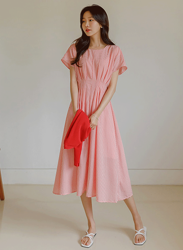 韓國田園風格紋泡泡沙長洋裝