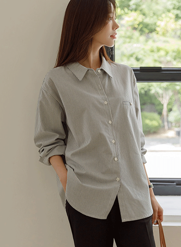 ウフォン ポケット装飾 縞模様 シャツ 韓国