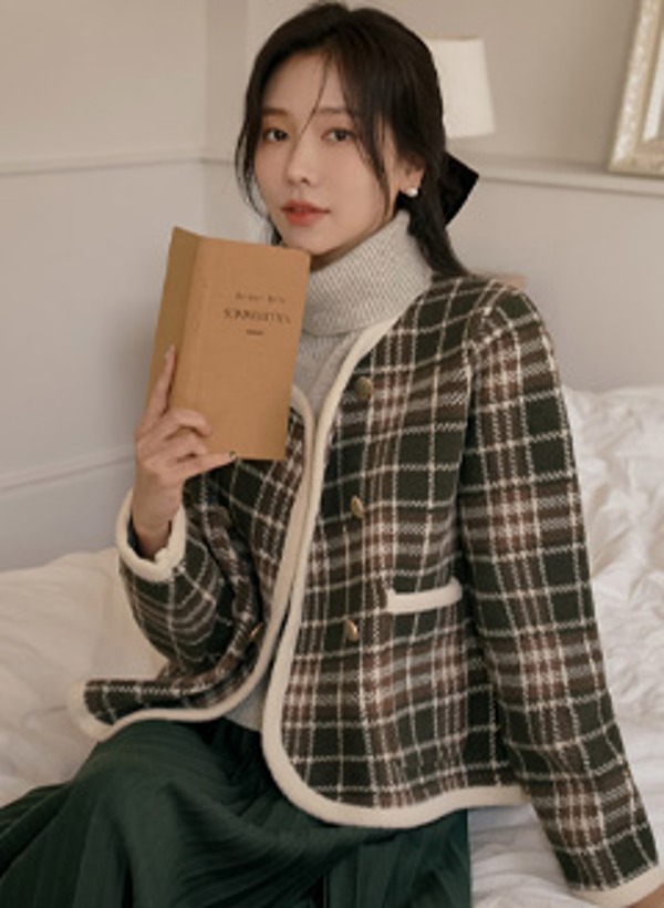 韓國格紋配色包邊針織外套