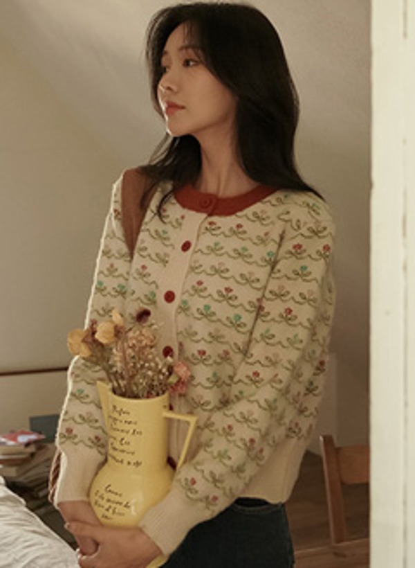 韓國領口配色花針織外套