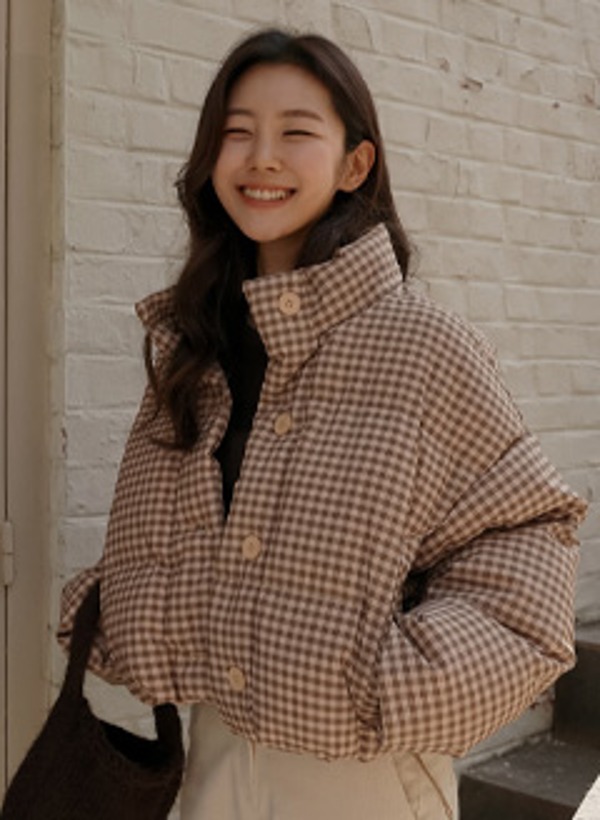 韓國格紋短版羽絨外套