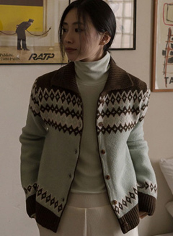 韓國菱格紋領子針織外套