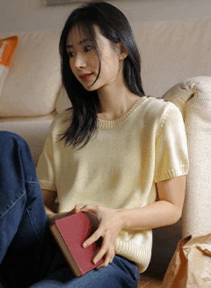 韓國肩膀愛心裝飾短袖針織上衣