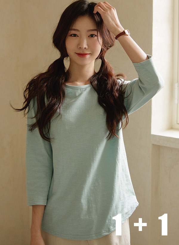 韓國[1+1] 竹節棉圓弧襬七分袖T恤