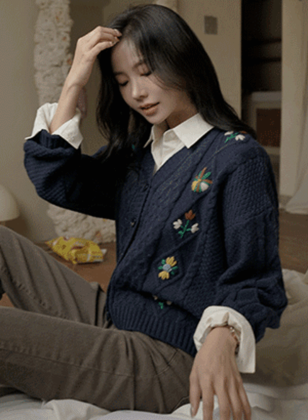 ミルディ フラワー刺繍 厚いカーディガン 韓国